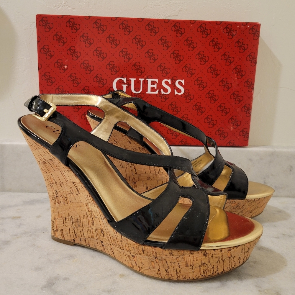 Guess Black Patent Wedges Size 10